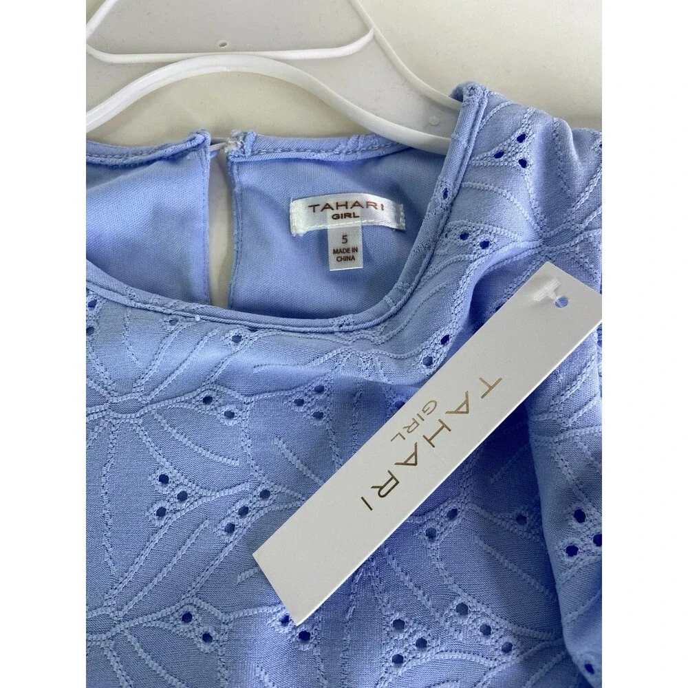 Tahari Girl Lined Fit and Flare Dress Eyelet Blue Girls Size 5